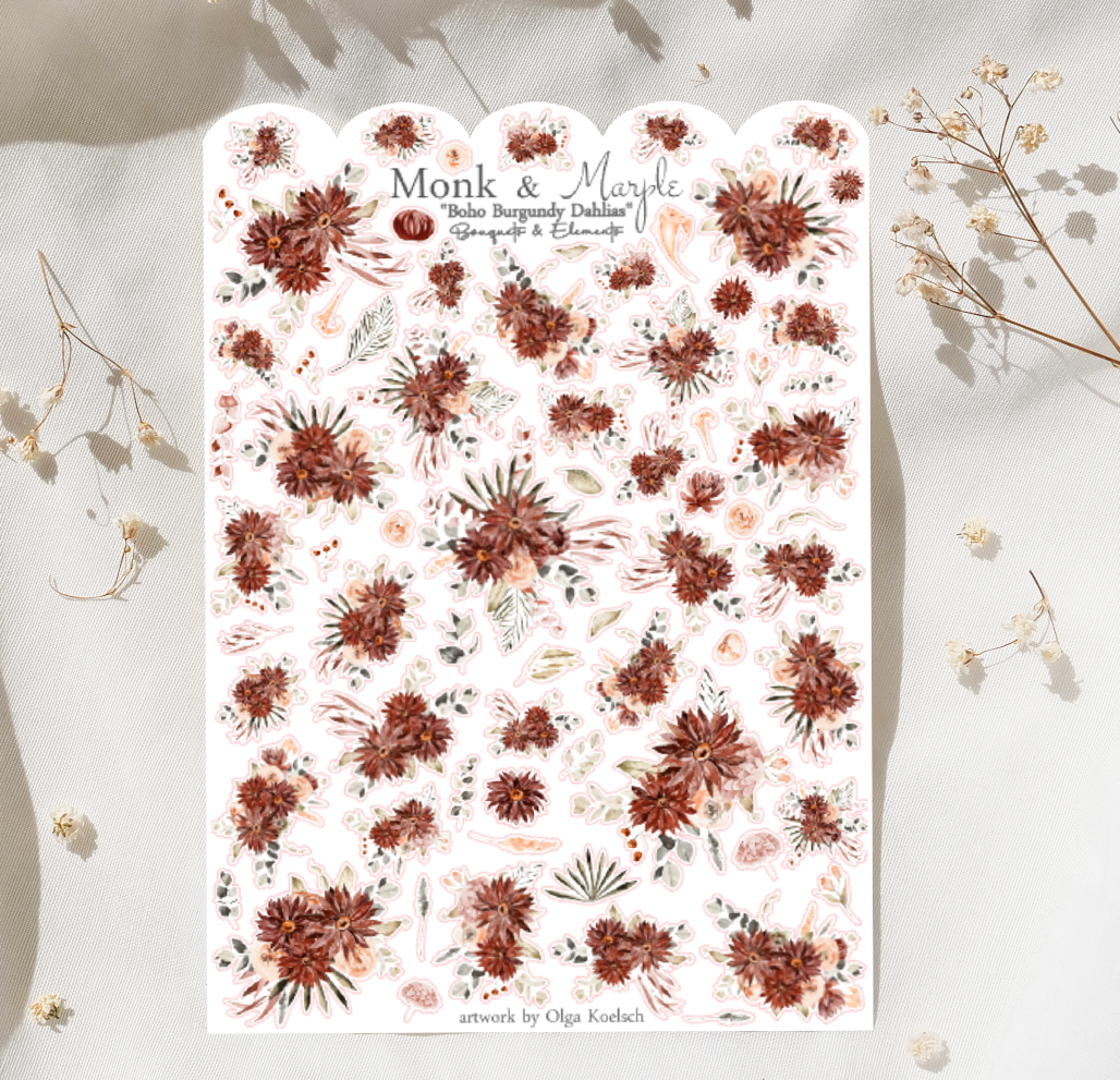 Boho Burgundy Dahlias - Bouquets & Elements (large sheet)